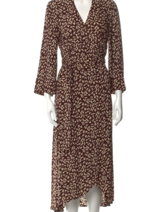 Ganni Dresses & Skirts - Ganni Maroon 3/4 Sleeve Wrap Dress with Cream Floral Print